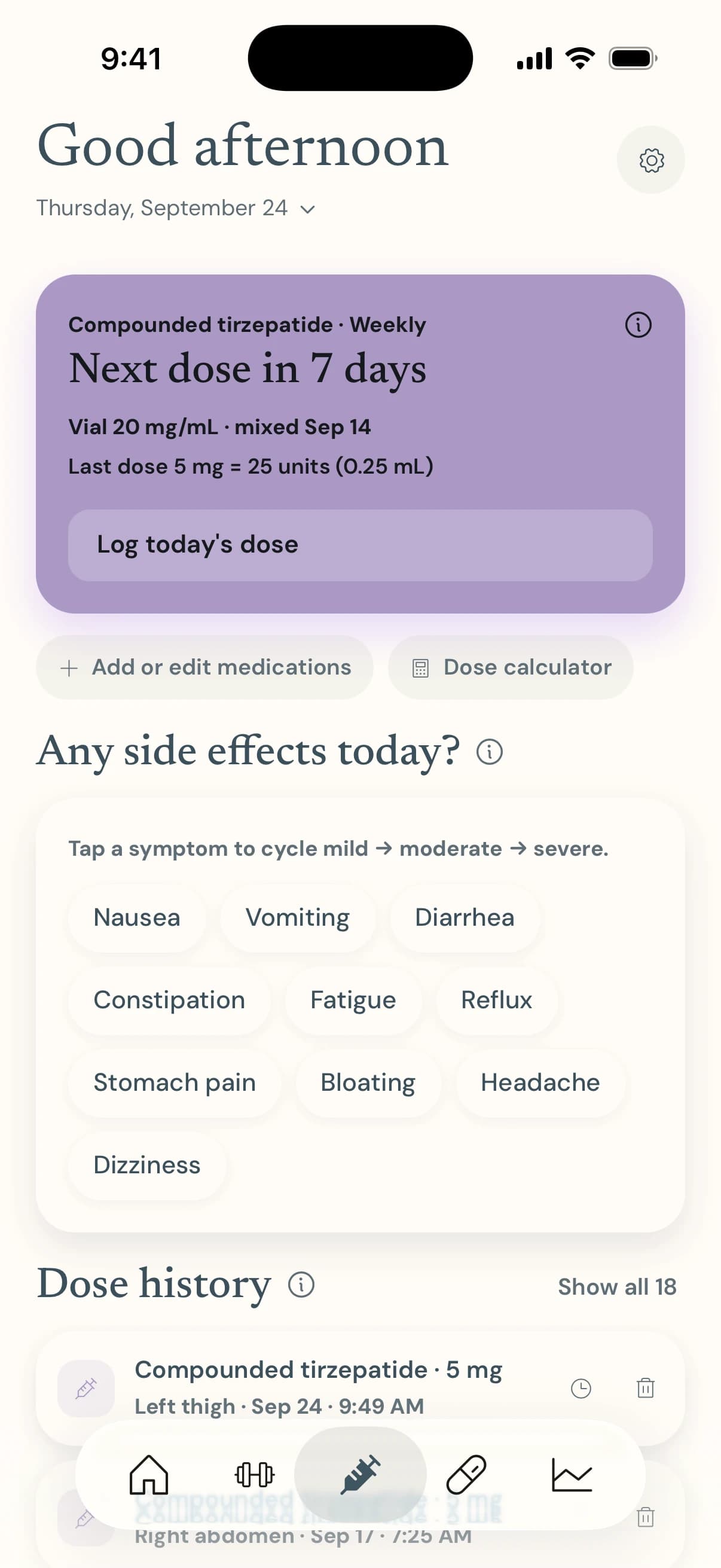 Anchor-1's Dose tab: a compounded tirzepatide card saying the next weekly dose is in 7 days, with the saved 20 mg/mL vial and the last 5 mg dose measured as 25 units, a Dose calculator button, and a side-effect log